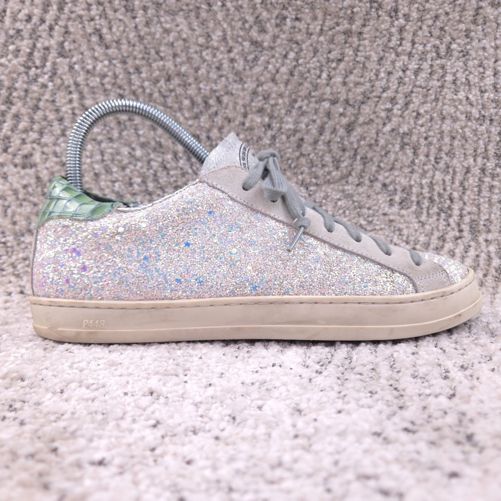 P448 Sneakers Womens Size 38 7 7.5 US John Glitter Low Top Shoes Silver Green